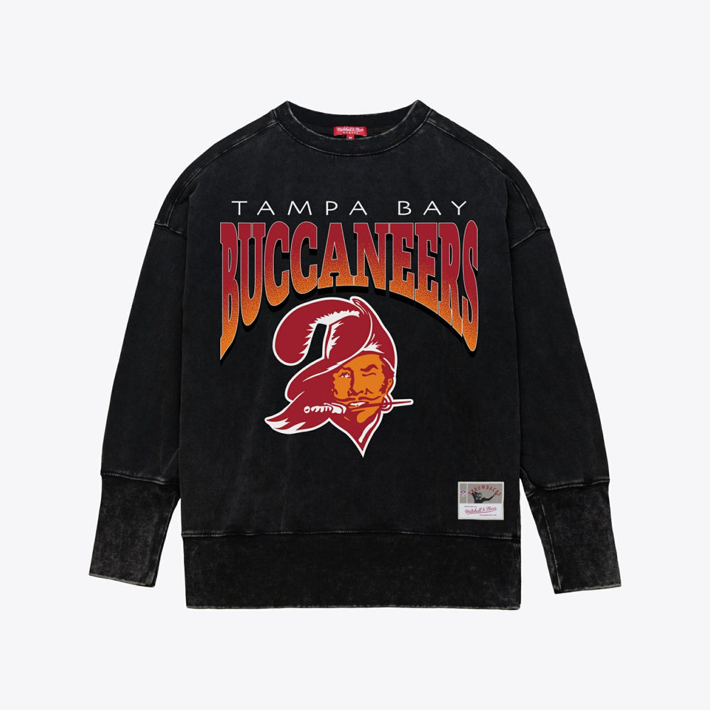 Tampa Bay Buccaneers Women's Delineate Mineral Wash Crewneck Sweatshirt Black | Mitchell & Ness