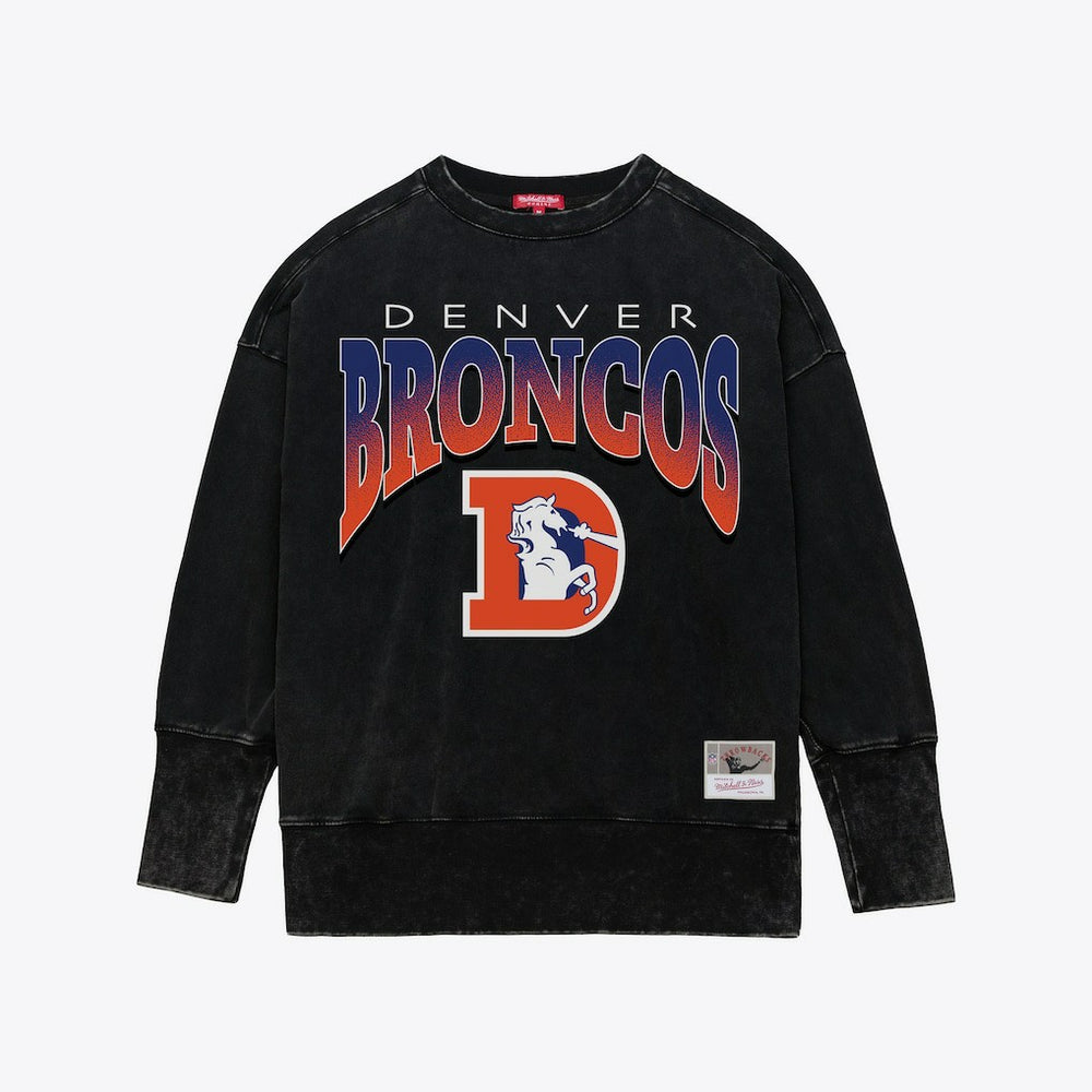 Denver Broncos Women's Delineate Mineral Wash Crewneck Sweatshirt Black | Mitchell & Ness