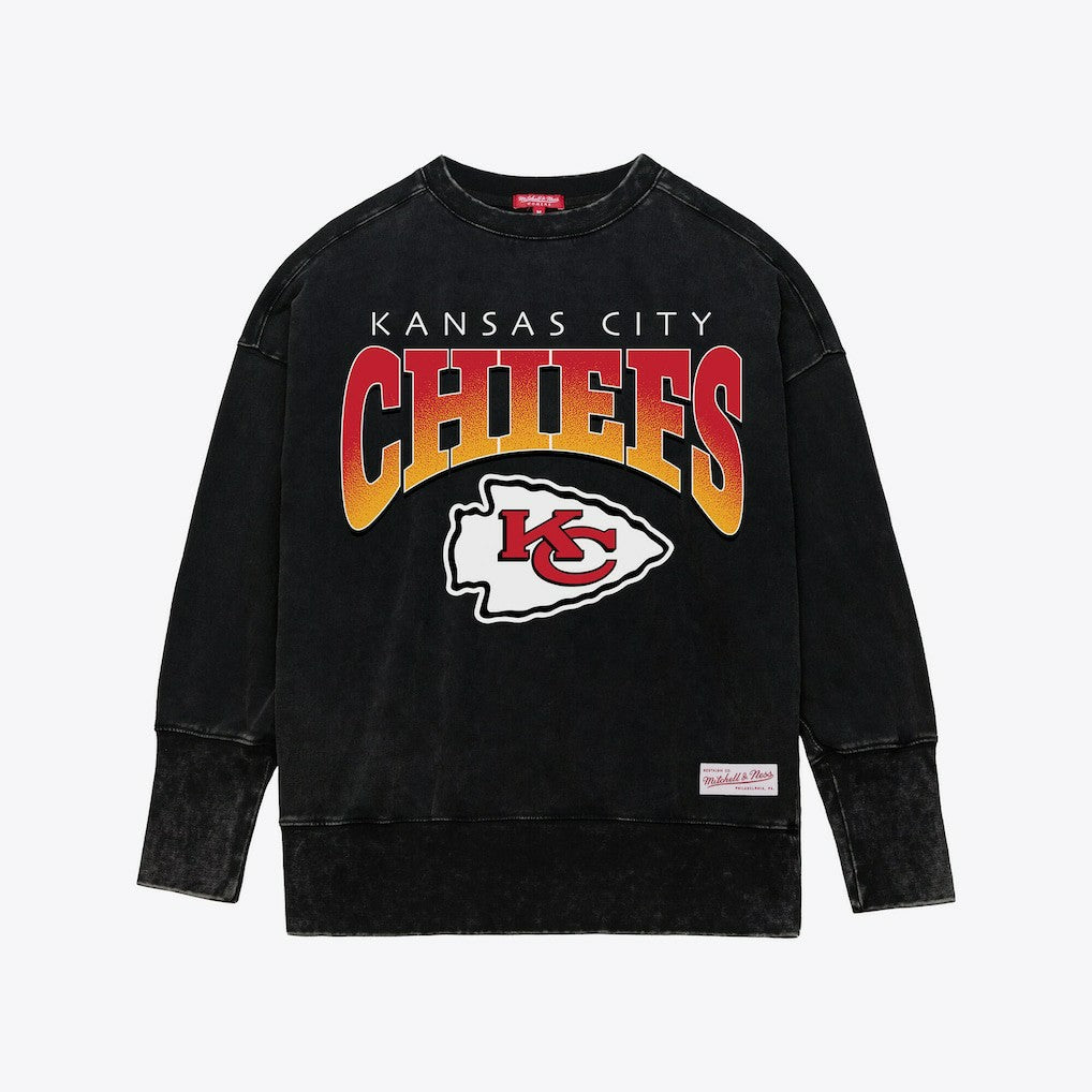 Kansas City Chiefs Women's Delineate Mineral Wash Crewneck Sweatshirt Black | Mitchell & Ness