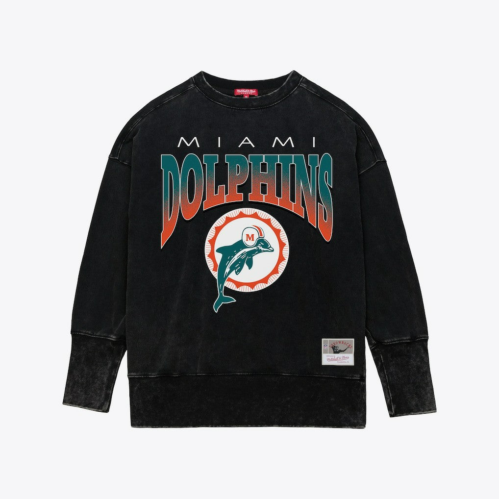 Miami Dolphins Women's Delineate Mineral Wash Crewneck Sweatshirt Black | Mitchell & Ness