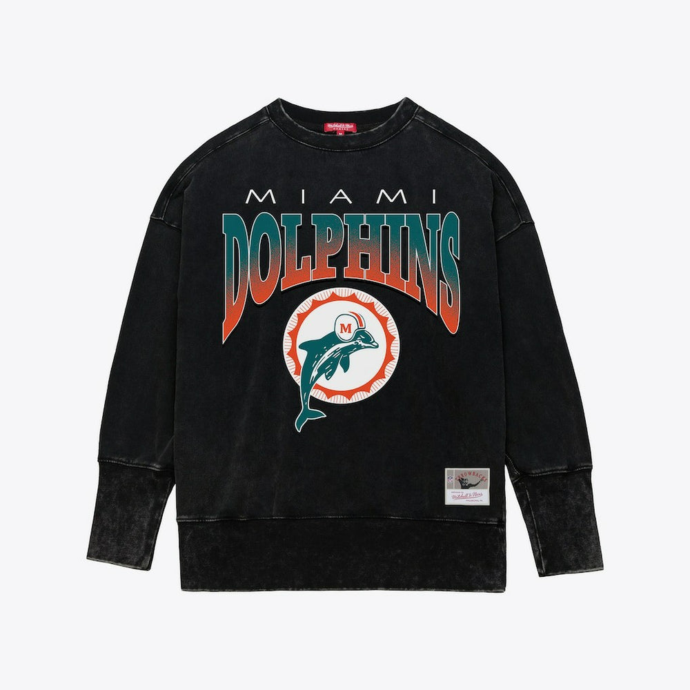Miami Dolphins Women's Delineate Mineral Wash Crewneck Sweatshirt Black | Mitchell & Ness