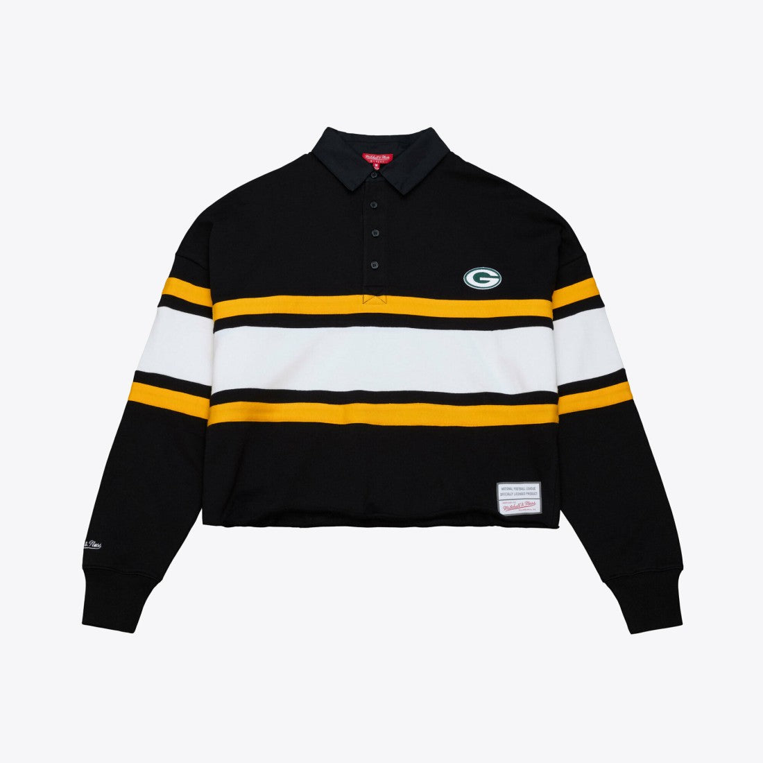 Green Bay Packers Women's Cropped Long Sleeve Rugby Polo Black | Mitchell & Ness