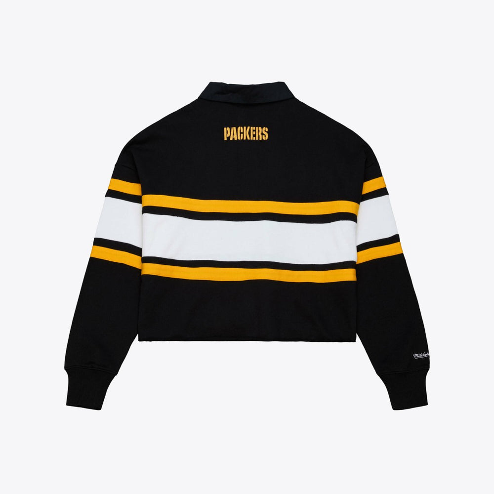 Green Bay Packers Women's Cropped Long Sleeve Rugby Polo Black | Mitchell & Ness