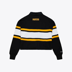 Green Bay Packers Women's Cropped Long Sleeve Rugby Polo Black | Mitchell & Ness