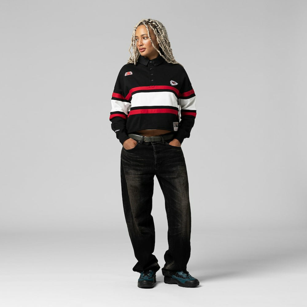 Kansas City Chiefs Women's Cropped Long Sleeve Rugby Polo Black | Mitchell & Ness
