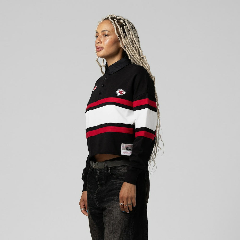 Kansas City Chiefs Women's Cropped Long Sleeve Rugby Polo Black | Mitchell & Ness
