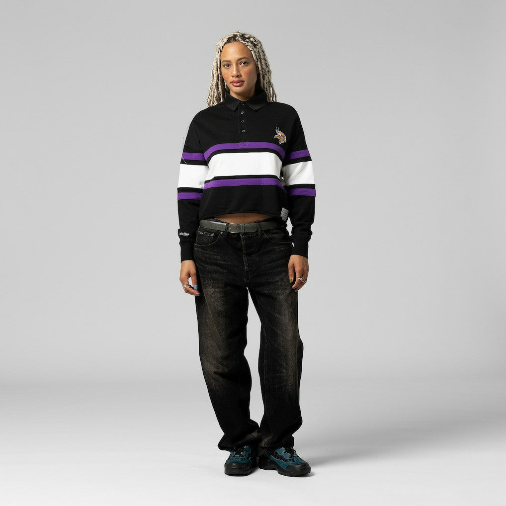 Minnesota Vikings Women's Cropped Long Sleeve Rugby Polo Black | Mitchell & Ness