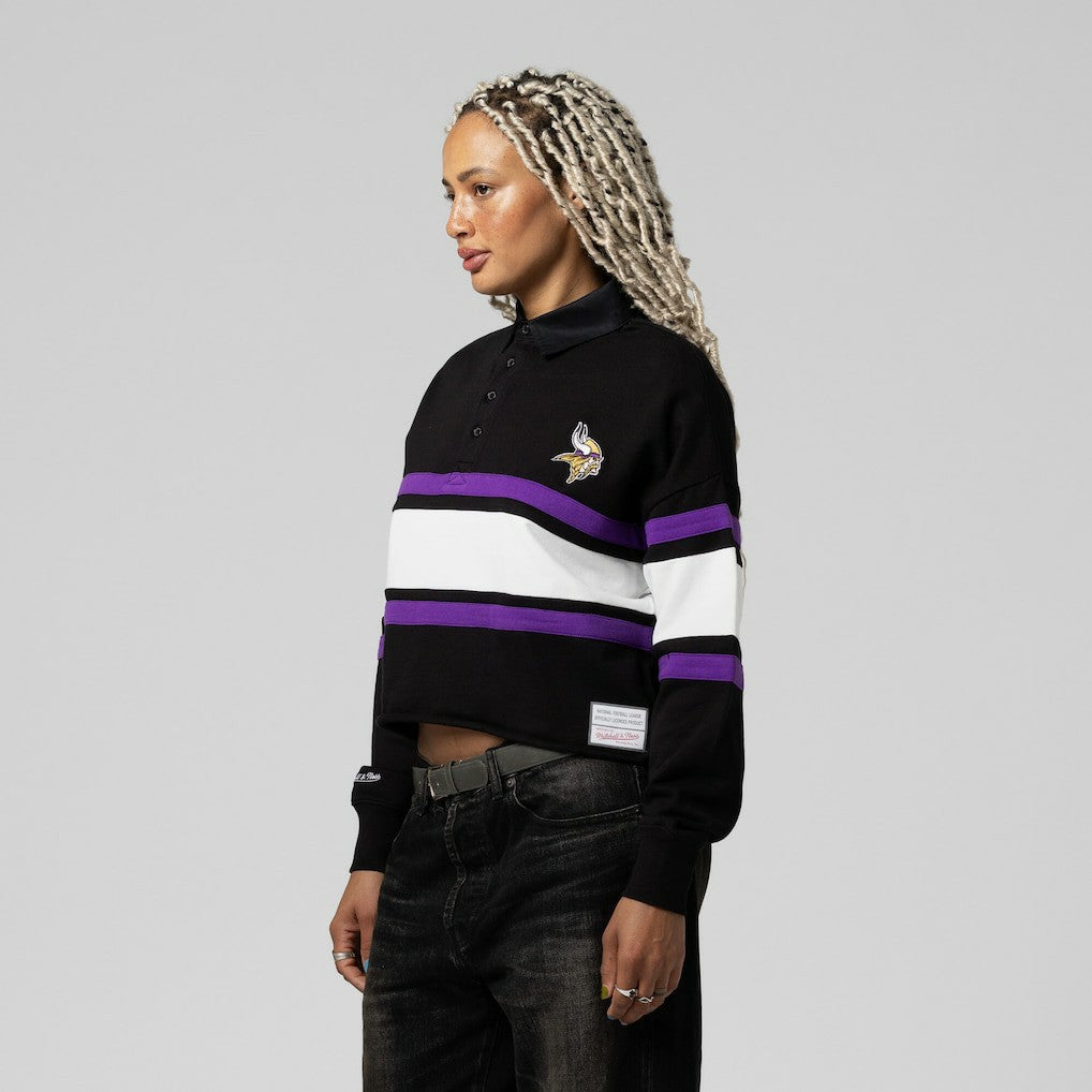 Minnesota Vikings Women's Cropped Long Sleeve Rugby Polo Black | Mitchell & Ness