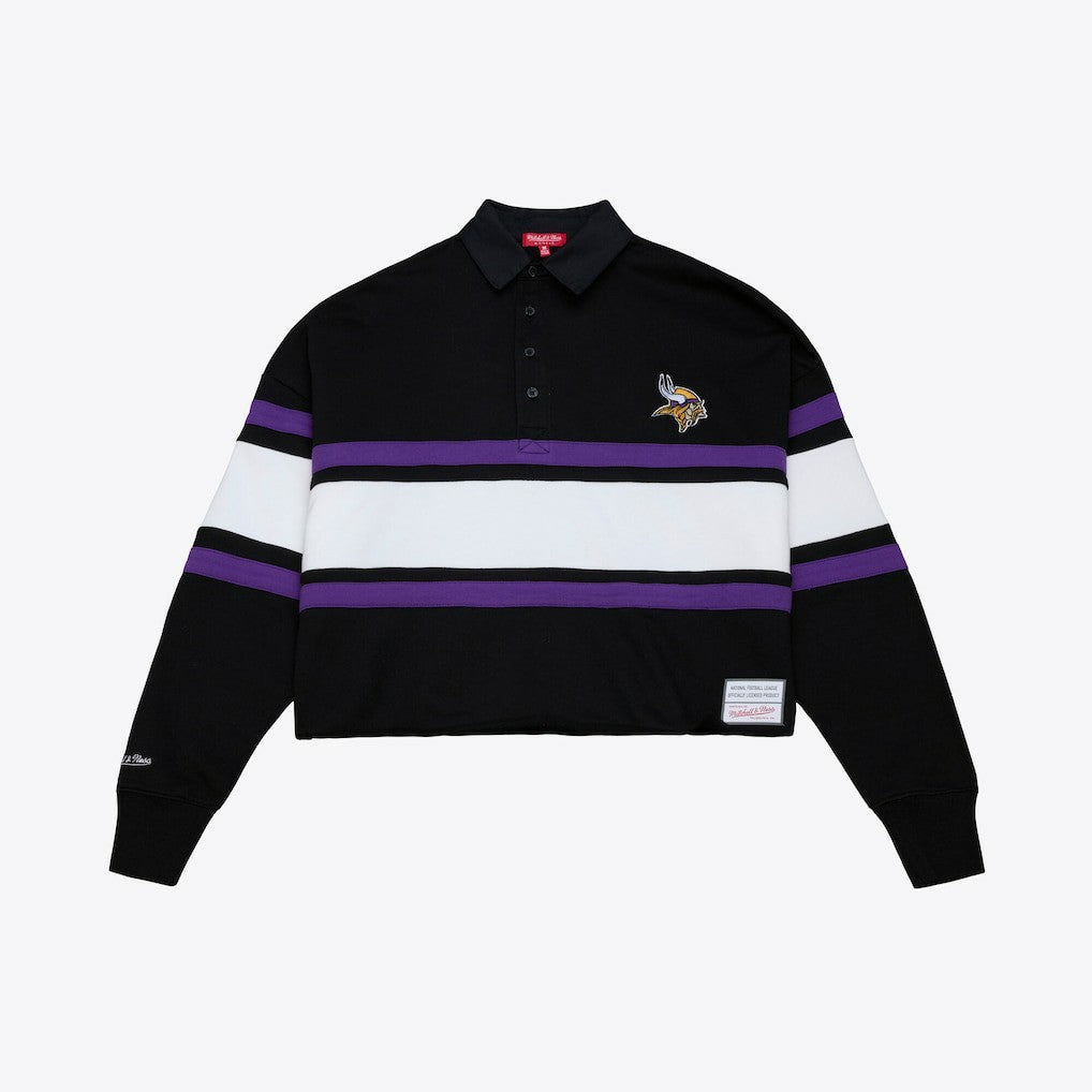Minnesota Vikings Women's Cropped Long Sleeve Rugby Polo Black | Mitchell & Ness