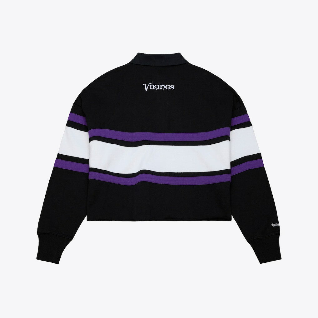 Minnesota Vikings Women's Cropped Long Sleeve Rugby Polo Black | Mitchell & Ness