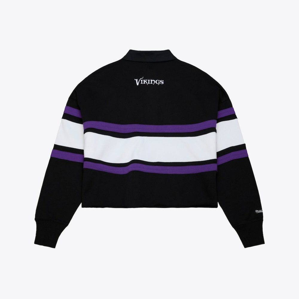 Minnesota Vikings Women's Cropped Long Sleeve Rugby Polo Black | Mitchell & Ness