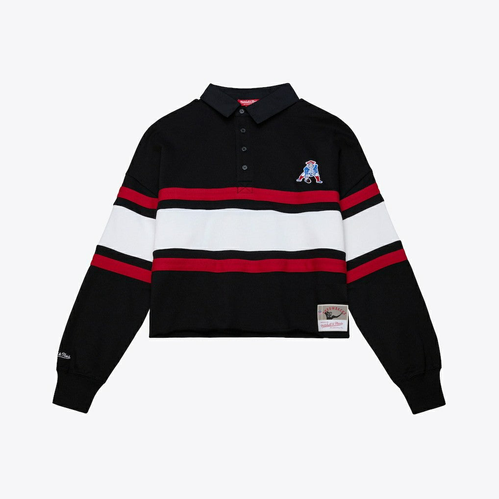 New England Patriots Women's Throwback Cropped Long Sleeve Rugby Polo Black | Mitchell & Ness