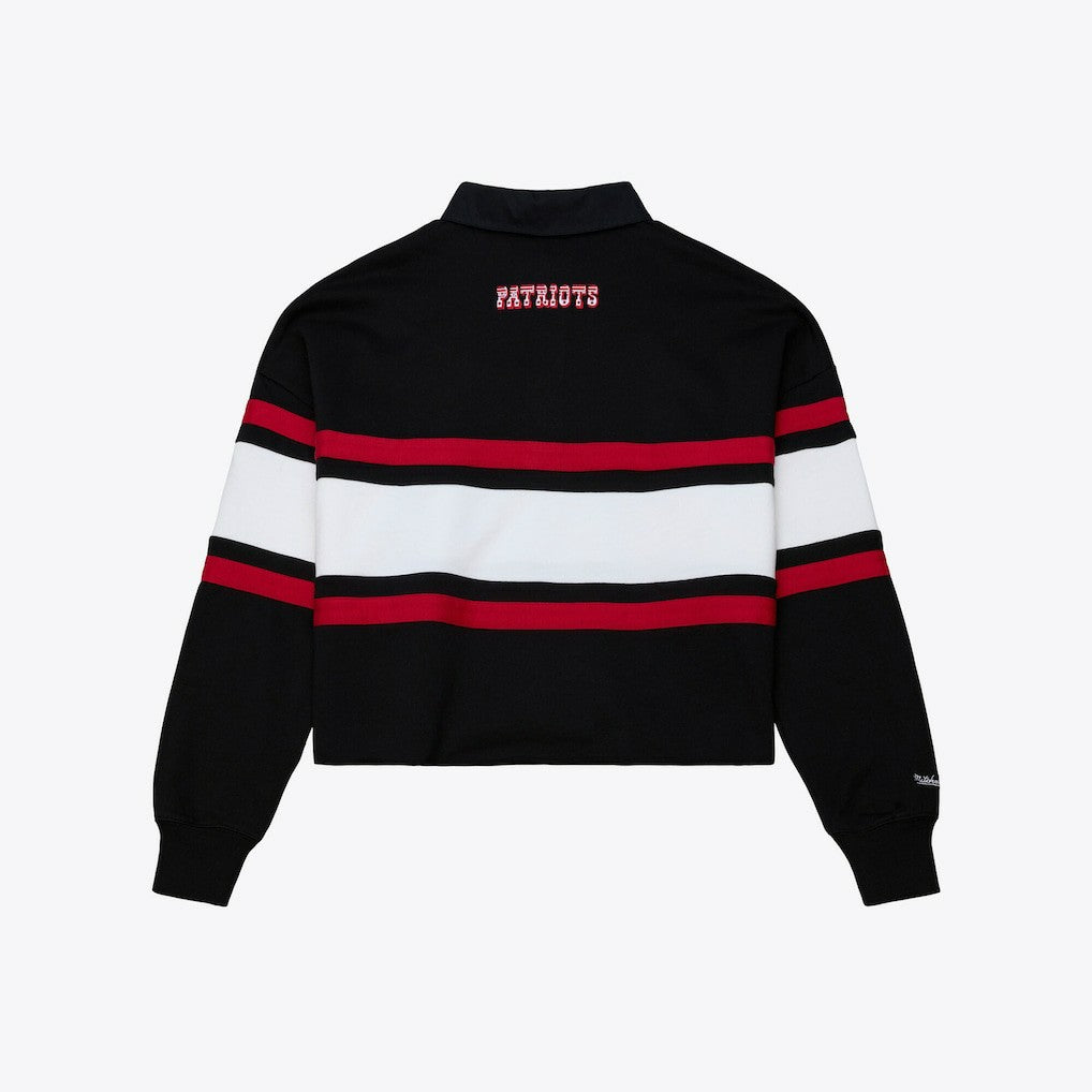 New England Patriots Women's Throwback Cropped Long Sleeve Rugby Polo Black | Mitchell & Ness