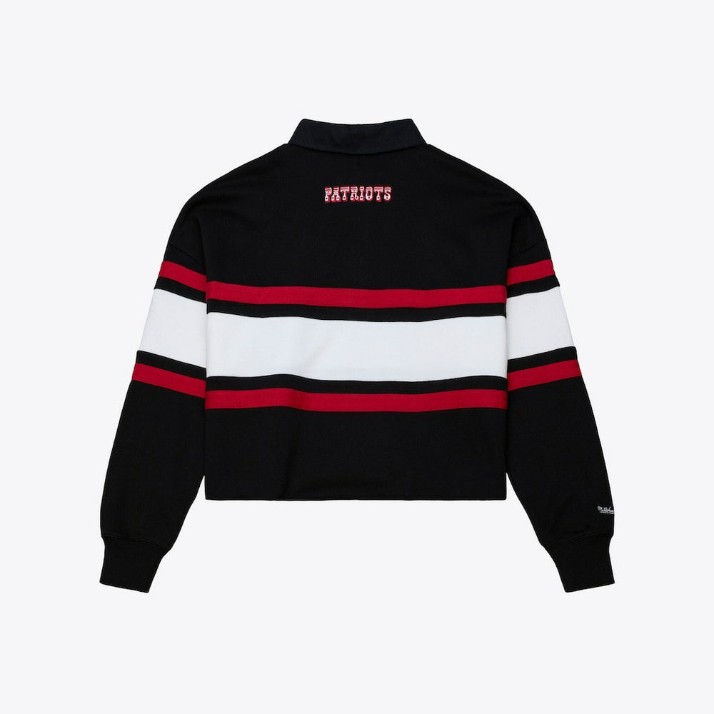 New England Patriots Women's Throwback Cropped Long Sleeve Rugby Polo Black | Mitchell & Ness