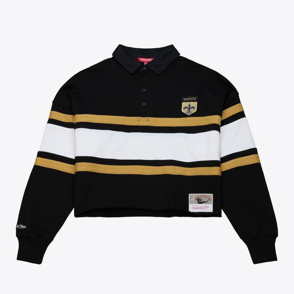 New Orleans Saints Women's Cropped Long Sleeve Rugby Polo Black | Mitchell & Ness