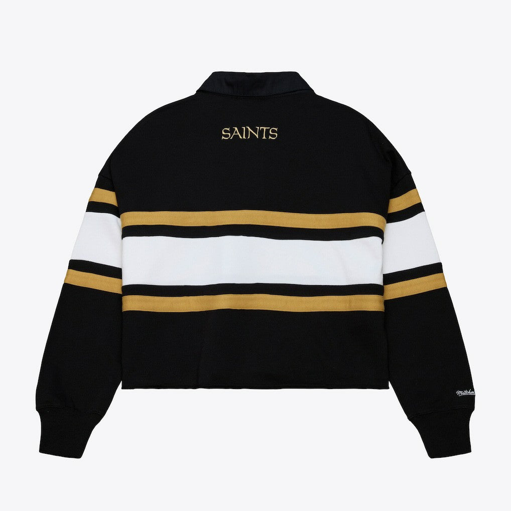 New Orleans Saints Women's Cropped Long Sleeve Rugby Polo Black | Mitchell & Ness