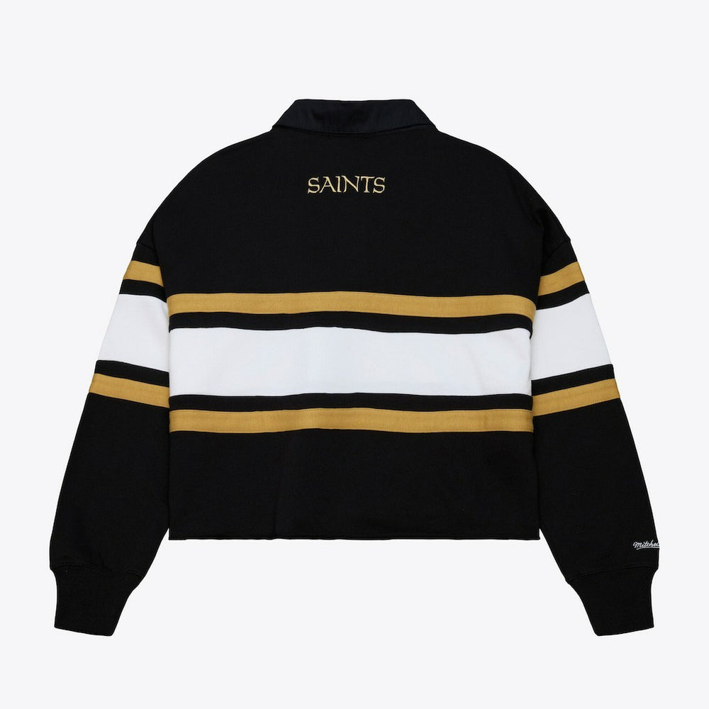 New Orleans Saints Women's Cropped Long Sleeve Rugby Polo Black | Mitchell & Ness