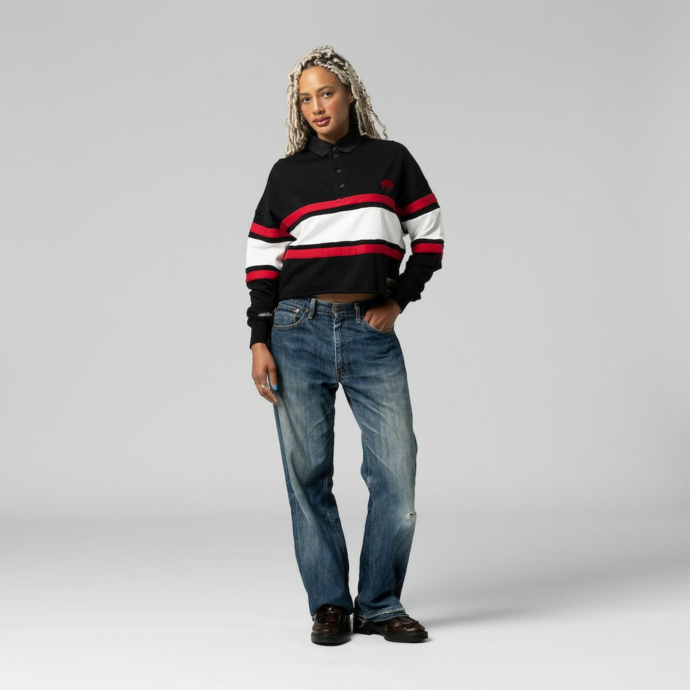 Buffalo Bills Women's Throwback Cropped Long Sleeve Rugby Polo Black | Mitchell & Ness