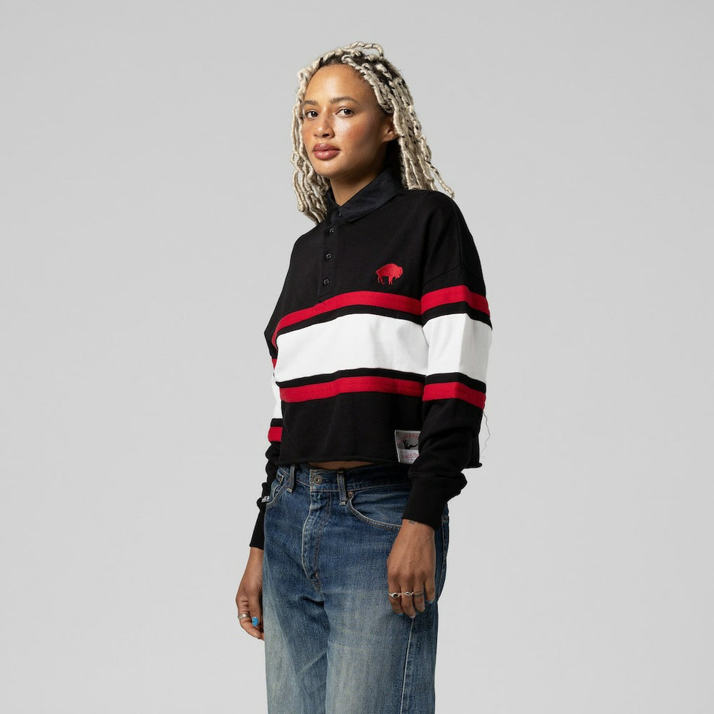 Buffalo Bills Women's Throwback Cropped Long Sleeve Rugby Polo Black | Mitchell & Ness