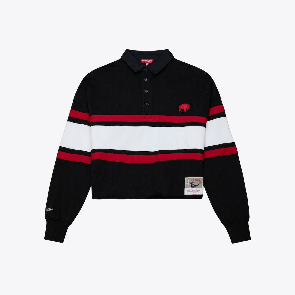 Buffalo Bills Women's Throwback Cropped Long Sleeve Rugby Polo Black | Mitchell & Ness