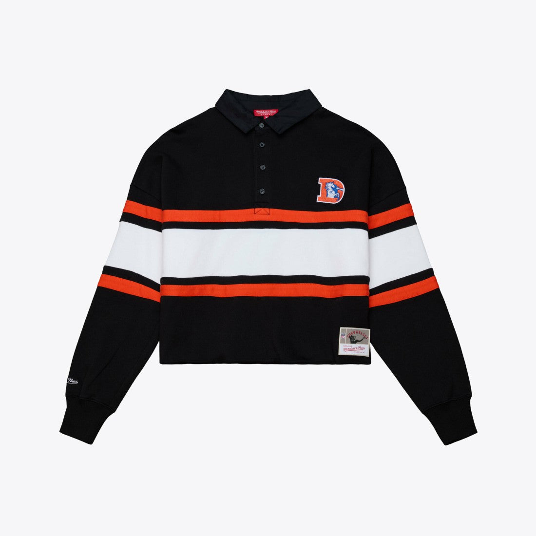 Denver Broncos Women's Throwback Cropped Long Sleeve Rugby Polo Black | Mitchell & Ness