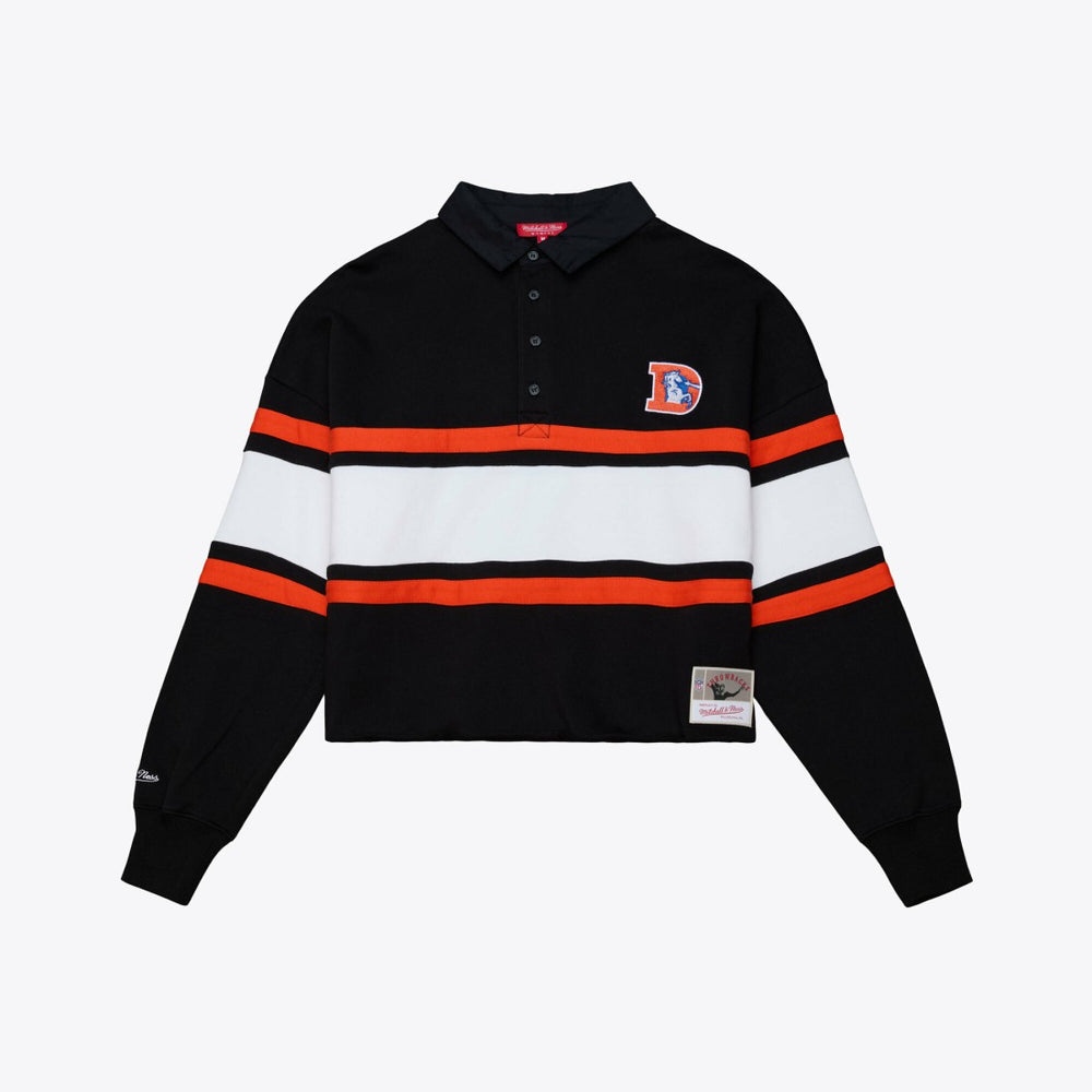 Denver Broncos Women's Throwback Cropped Long Sleeve Rugby Polo Black | Mitchell & Ness