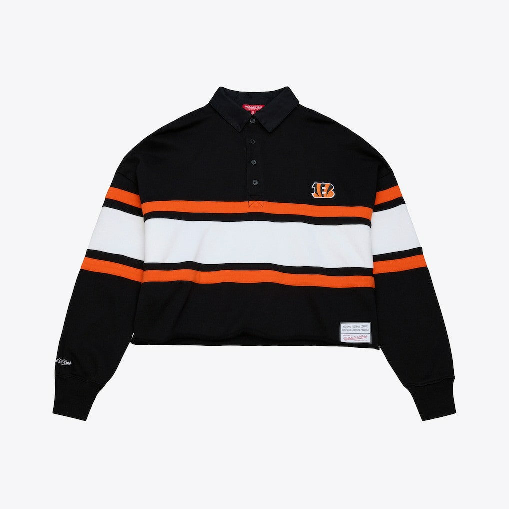 Cincinnati Bengals Women's Cropped Long Sleeve Rugby Polo Black | Mitchell & Ness