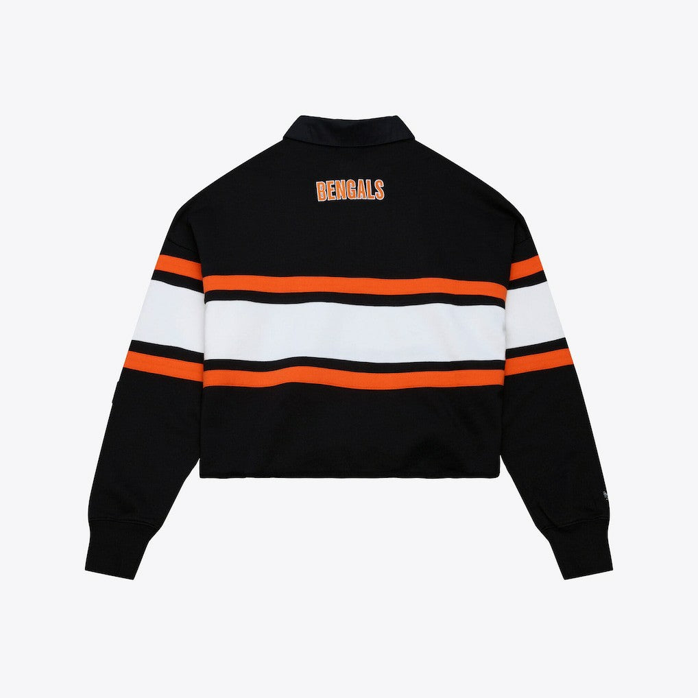 Cincinnati Bengals Women's Cropped Long Sleeve Rugby Polo Black | Mitchell & Ness