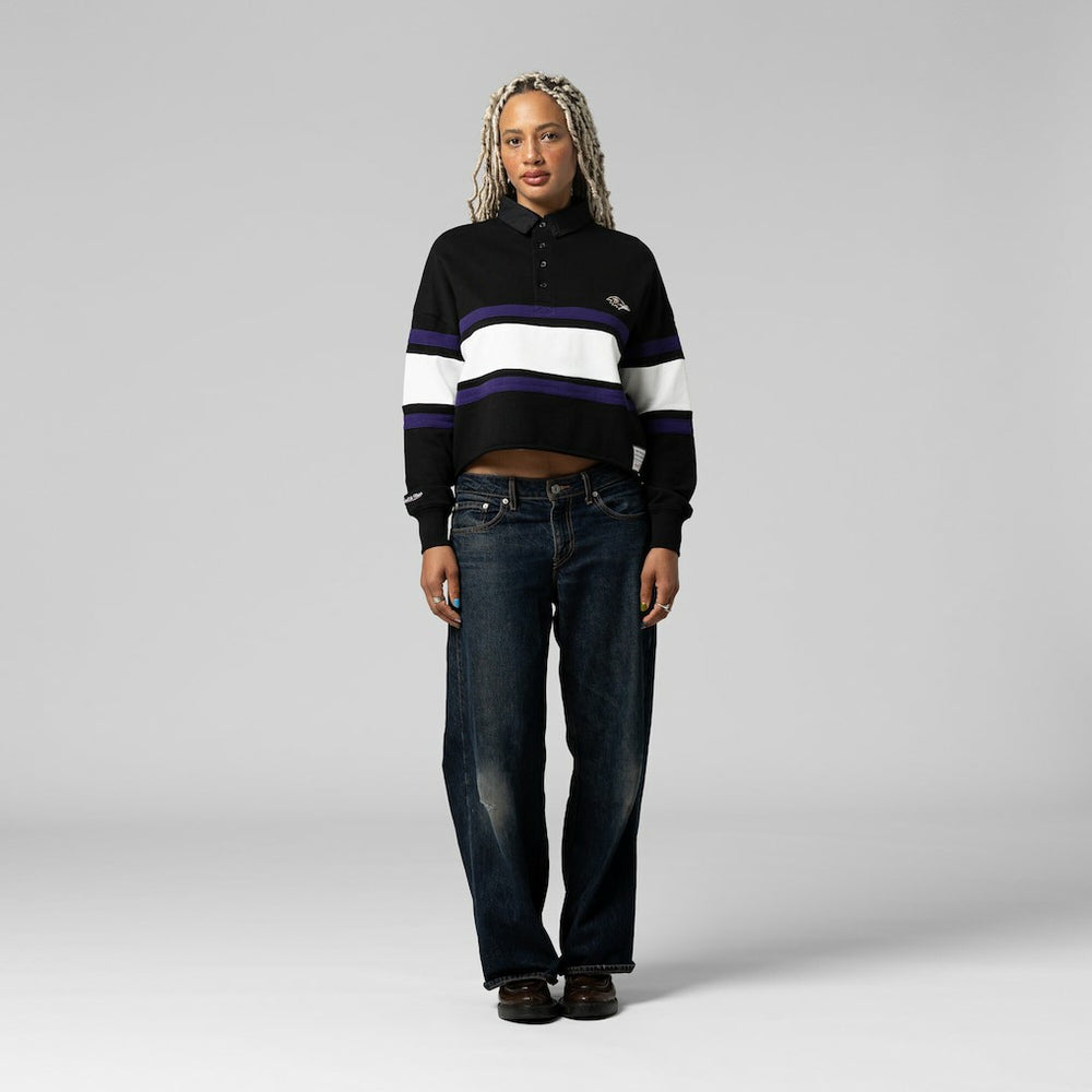 Baltimore Ravens Women's Cropped Long Sleeve Rugby Polo Black | Mitchell & Ness