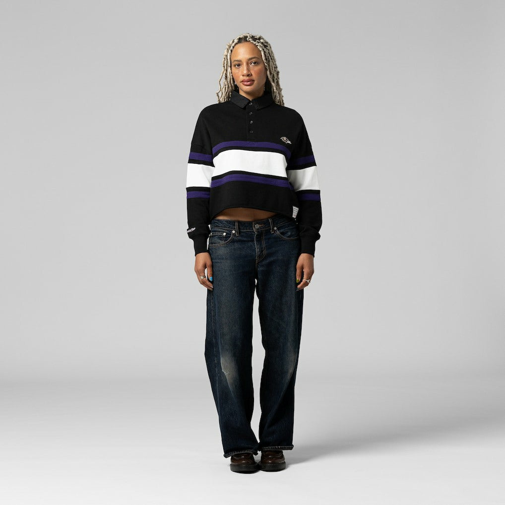 Baltimore Ravens Women's Cropped Long Sleeve Rugby Polo Black | Mitchell & Ness