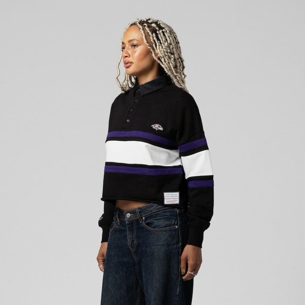 Baltimore Ravens Women's Cropped Long Sleeve Rugby Polo Black | Mitchell & Ness