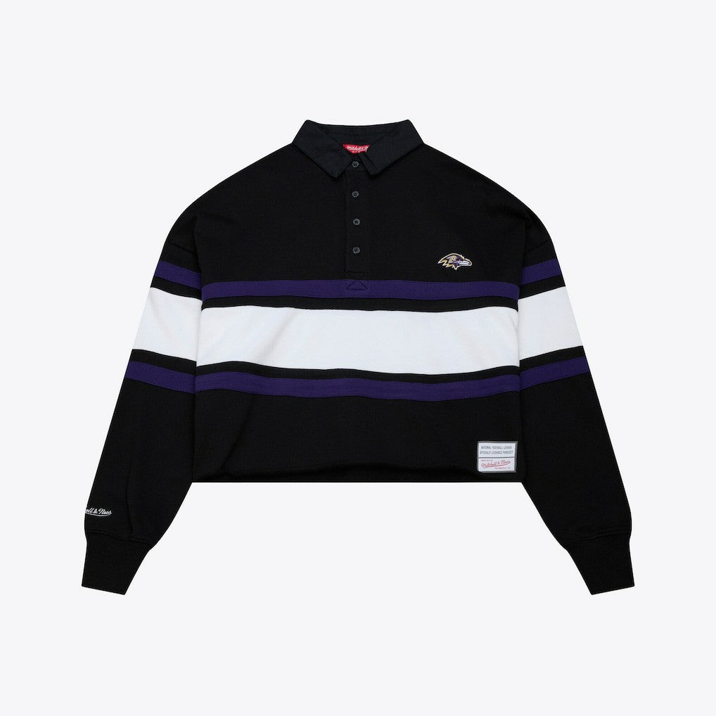 Baltimore Ravens Women's Cropped Long Sleeve Rugby Polo Black | Mitchell & Ness