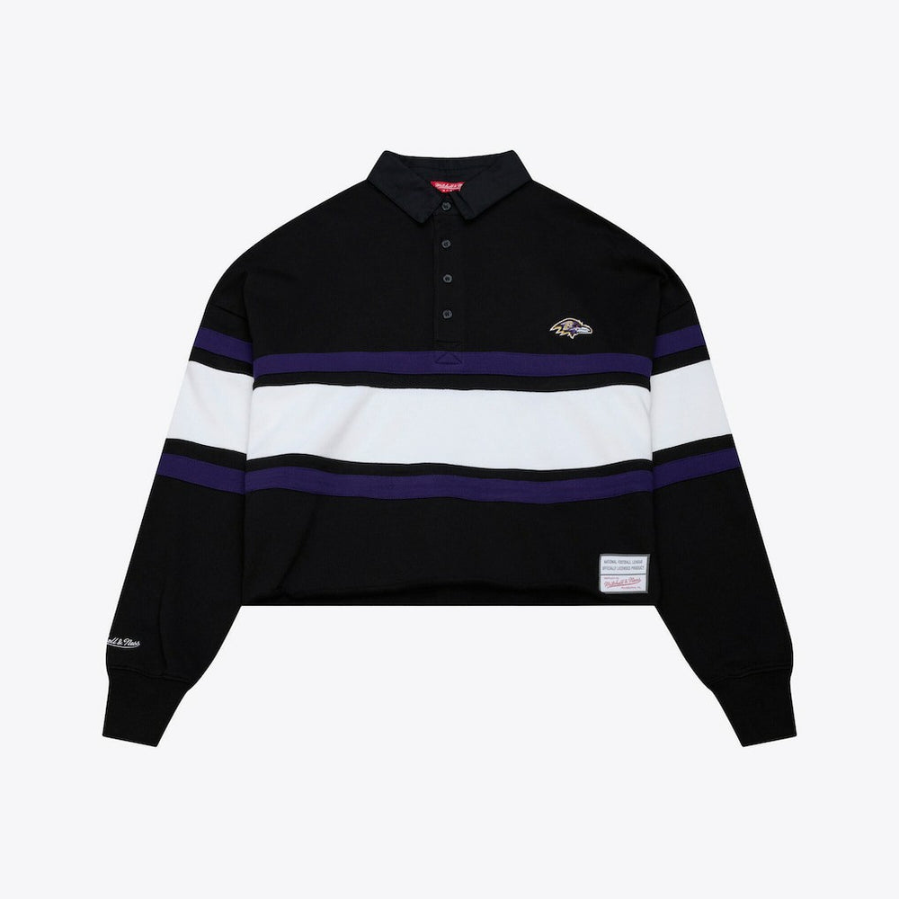Baltimore Ravens Women's Cropped Long Sleeve Rugby Polo Black | Mitchell & Ness