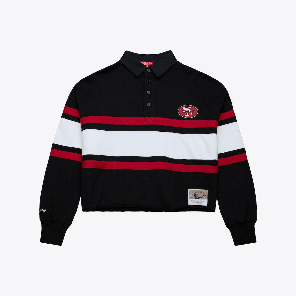 San Francisco 49ers Women's Cropped Long Sleeve Rugby Polo Black | Mitchell & Ness