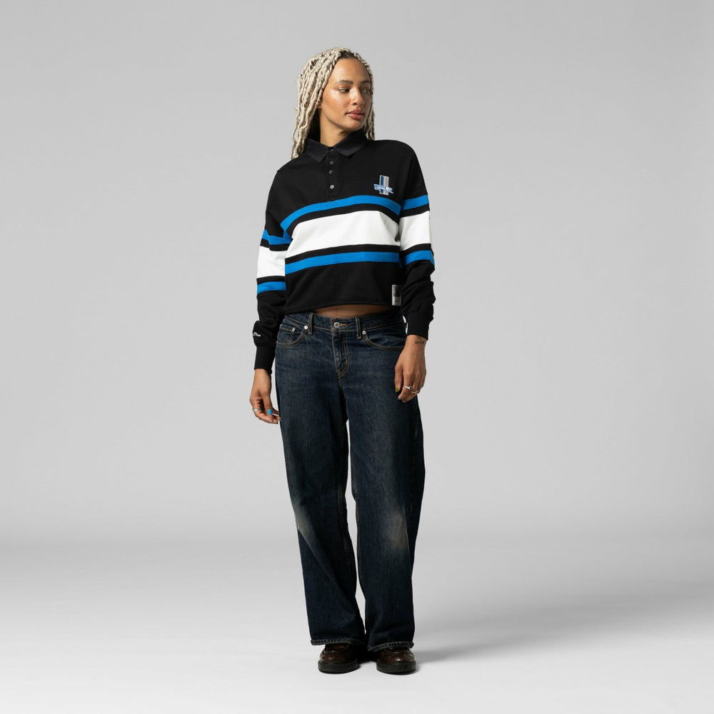 Detroit Lions Women's Cropped Long Sleeve Rugby Polo Black | Mitchell & Ness