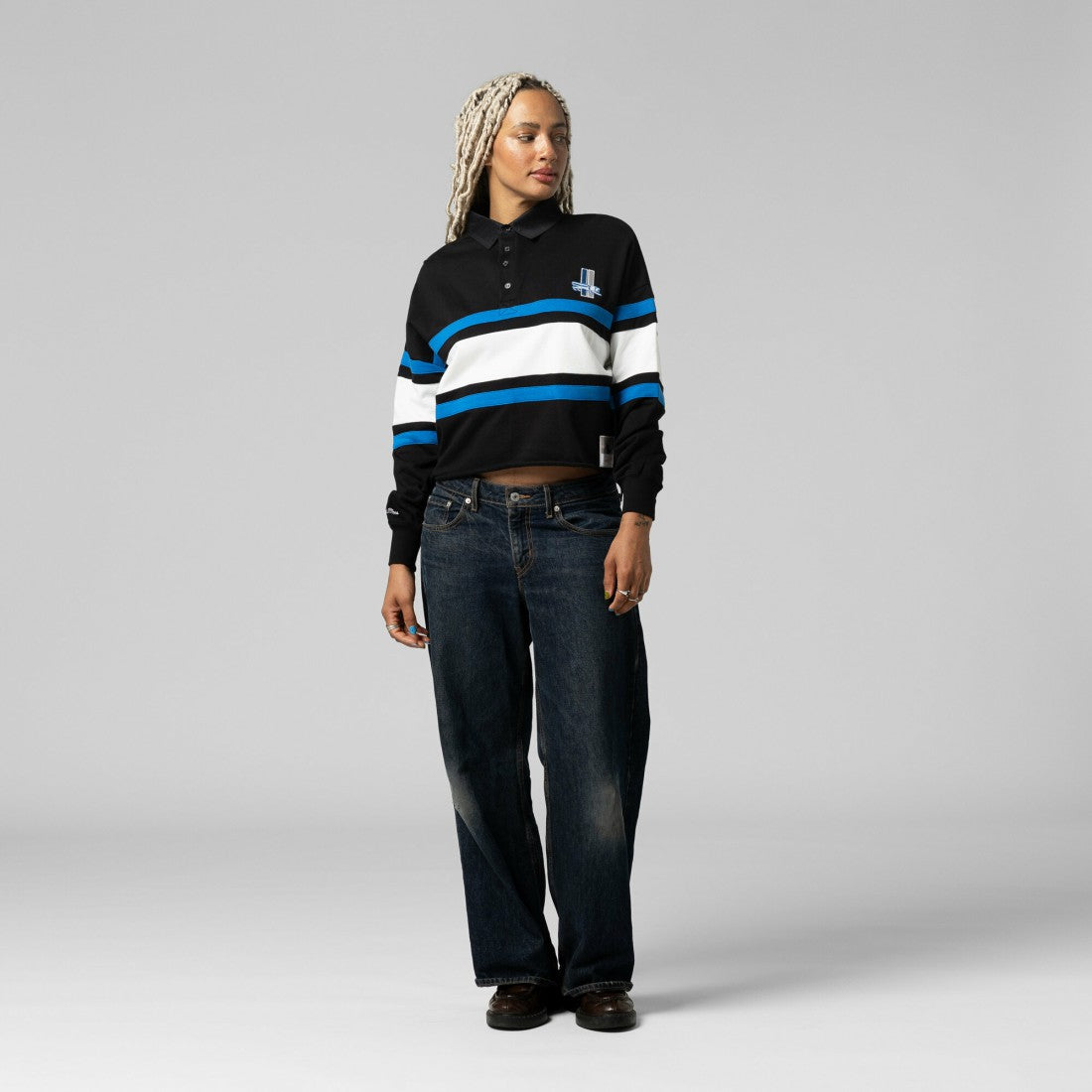 Detroit Lions Women's Cropped Long Sleeve Rugby Polo Black | Mitchell & Ness