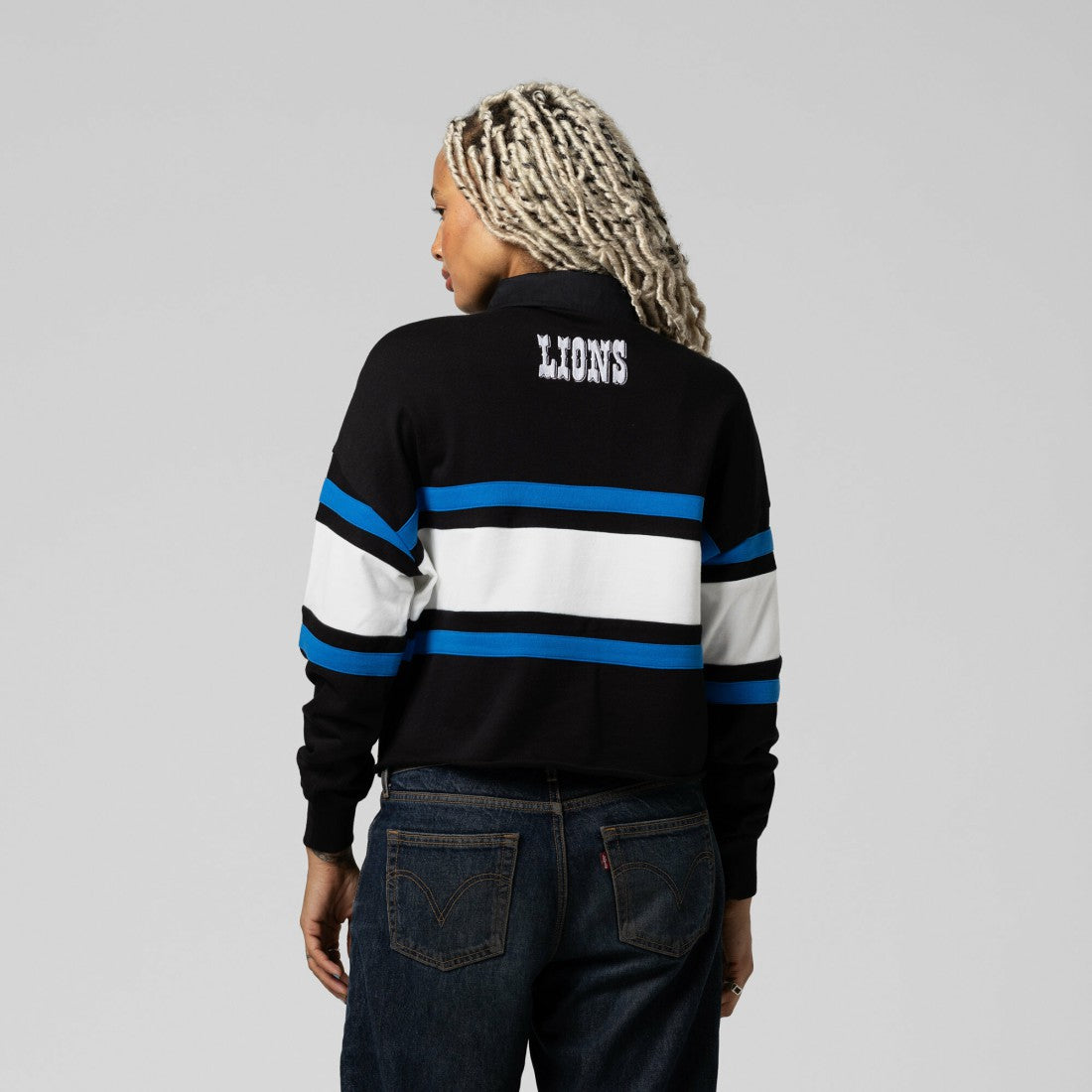 Detroit Lions Women's Cropped Long Sleeve Rugby Polo Black | Mitchell & Ness