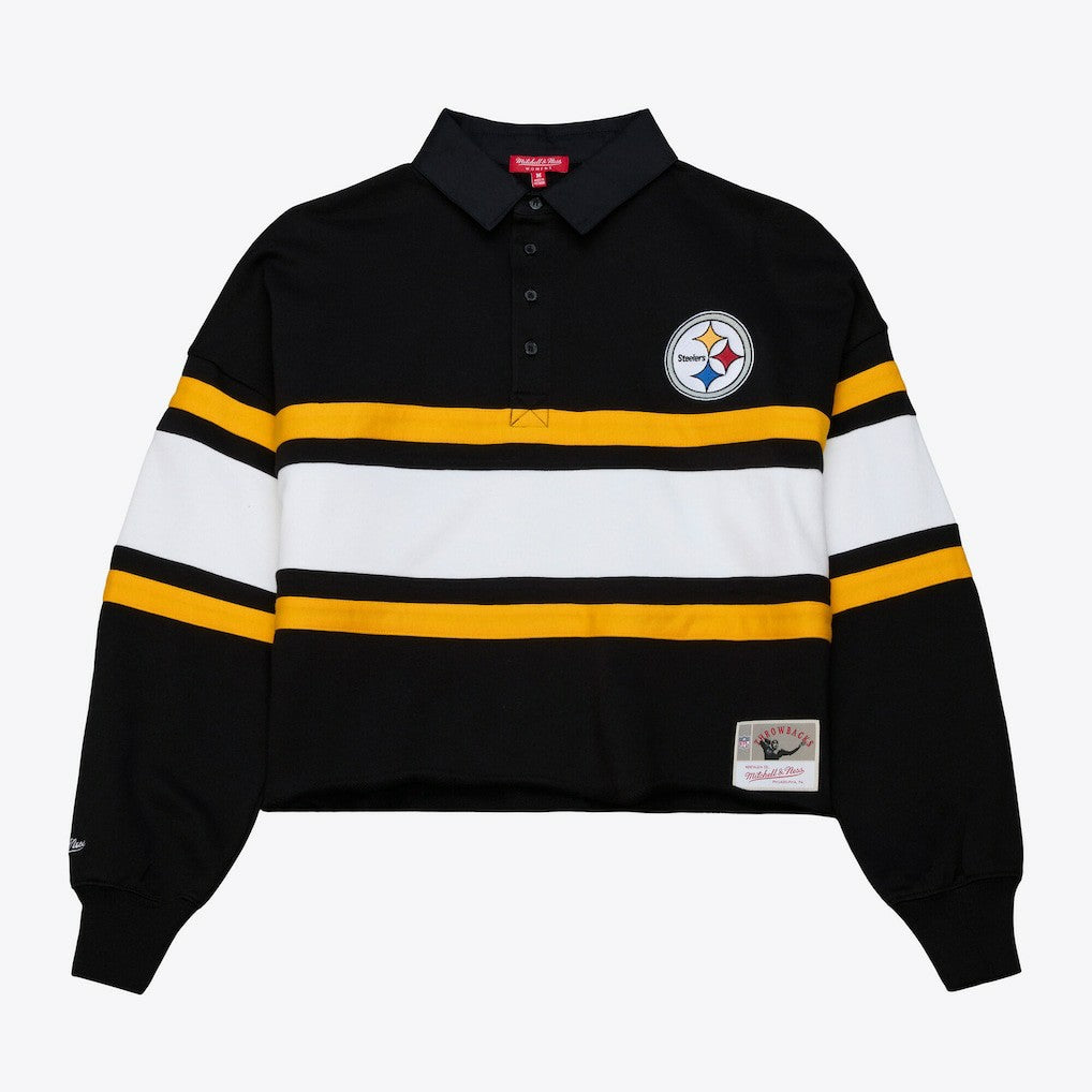 Pittsburgh Steelers Women's Cropped Long Sleeve Rugby Polo Black | Mitchell & Ness