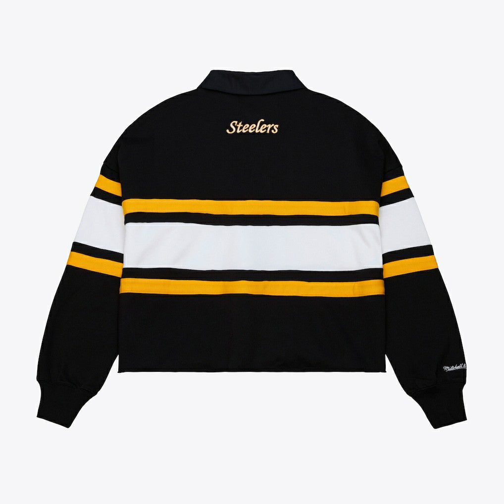 Pittsburgh Steelers Women's Cropped Long Sleeve Rugby Polo Black | Mitchell & Ness