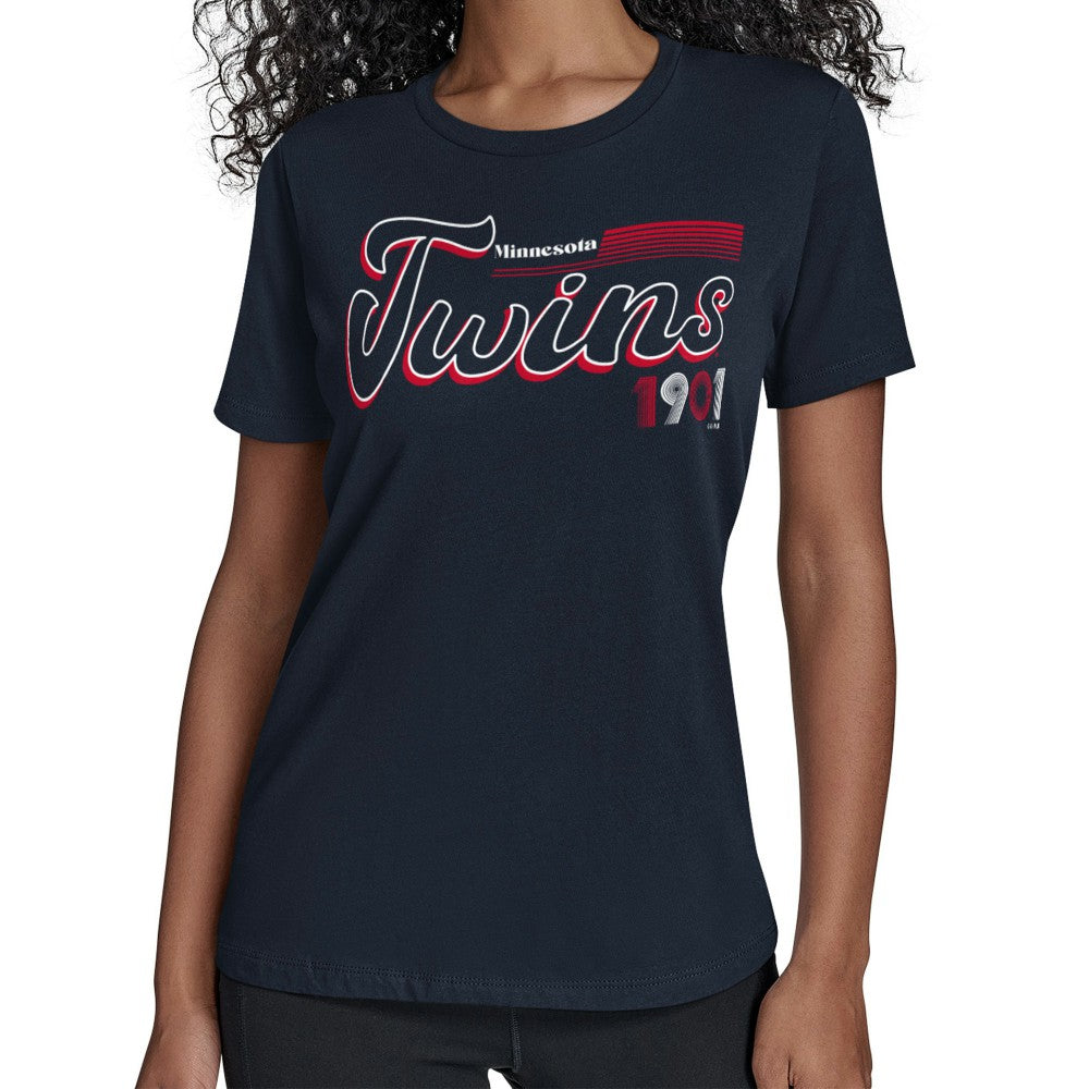 Minnesota Twins Starter Women's Groovy Script Team Fitted T-Shirt - MLB