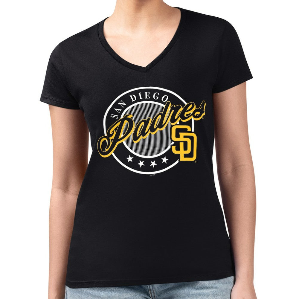 San Diego Padres G-III 4Her by Carl Banks Women's Super-Slim Fit Lightweight Pinstripe Circle V-Neck T-Shirt - MLB