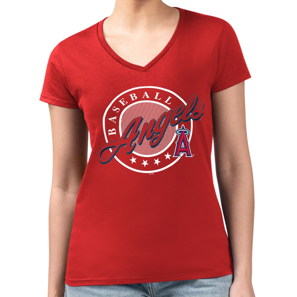Los Angeles Angels G-III 4Her by Carl Banks Women's Super-Slim Fit Lightweight Pinstripe Circle V-Neck T-Shirt - MLB