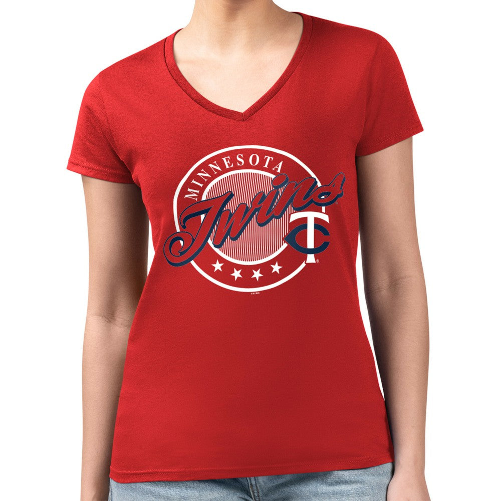 Minnesota Twins G-III 4Her by Carl Banks Women's Super-Slim Fit Lightweight Pinstripe Circle V-Neck T-Shirt - MLB