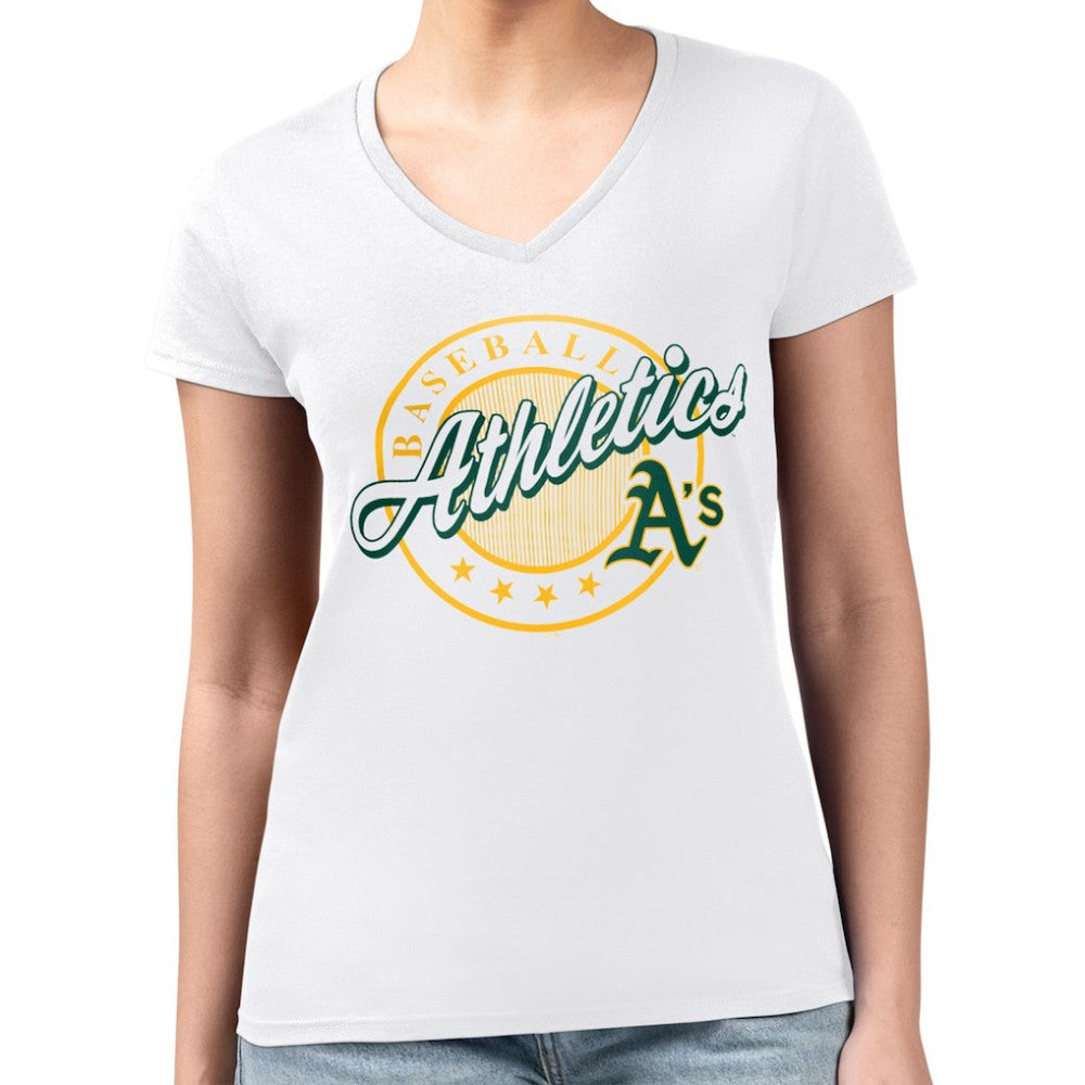 Athletics G-III 4Her by Carl Banks Women's Super-Slim Fit Lightweight Pinstripe Circle V-Neck T-Shirt - MLB