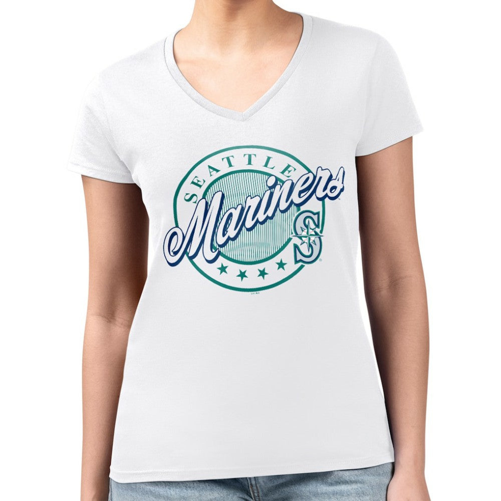 Seattle Mariners G-III 4Her by Carl Banks Women's Super-Slim Fit Lightweight Pinstripe Circle V-Neck T-Shirt - MLB