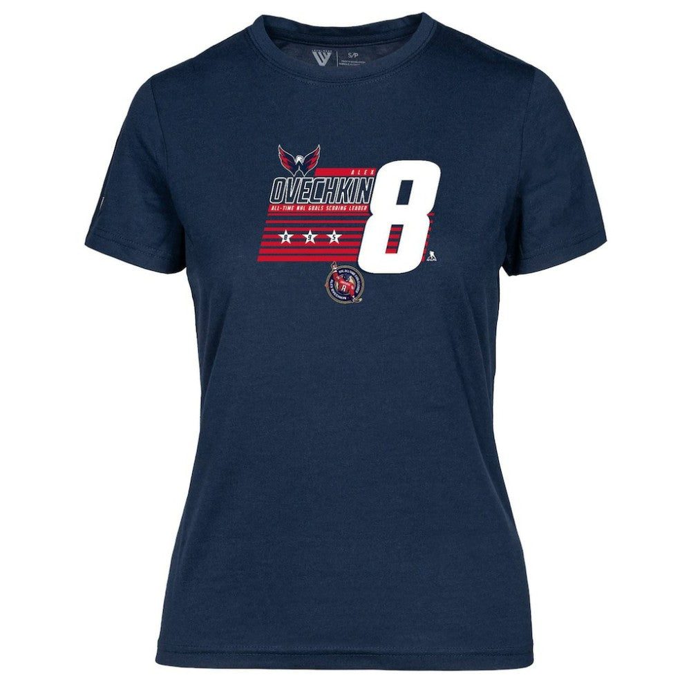 Alexander Ovechkin Washington Capitals Levelwear Women's NHL All-Time Leading Goal Scorer Milestone Stripes Name & Number Maddox T-Shirt - Navy - NHL