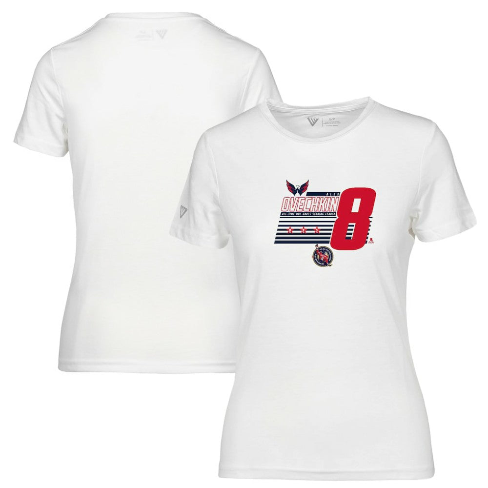Alexander Ovechkin Washington Capitals Levelwear Women's NHL All-Time Leading Goal Scorer Milestone Stripes Name & Number Maddox T-Shirt - White - NHL