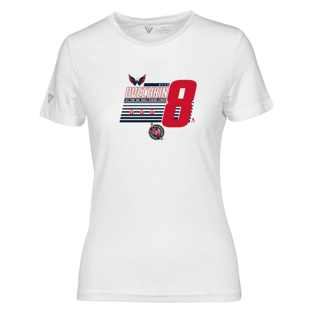 Alexander Ovechkin Washington Capitals Levelwear Women's NHL All-Time Leading Goal Scorer Milestone Stripes Name & Number Maddox T-Shirt - White - NHL