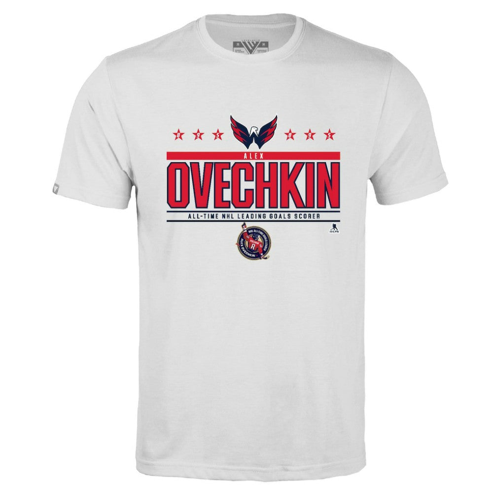 Alexander Ovechkin Washington Capitals Levelwear NHL All-Time Leading Goal Scorer Milestone Stars Name & Number Richmond T-Shirt - White - NHL