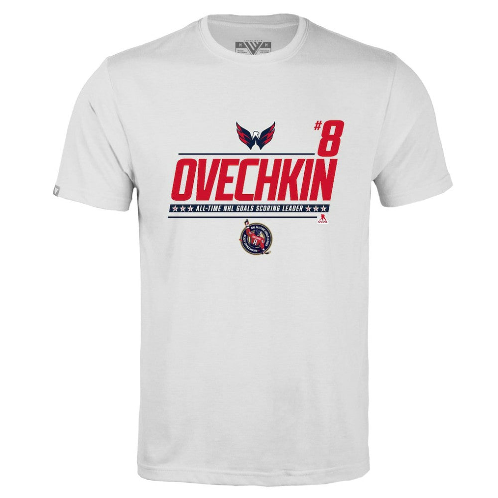 Alexander Ovechkin Washington Capitals Levelwear NHL All-Time Leading Goal Scorer Milestone Name & Number Richmond T-Shirt - White - NHL